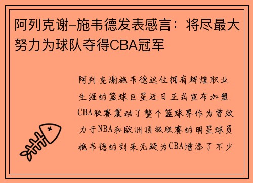阿列克谢-施韦德发表感言：将尽最大努力为球队夺得CBA冠军