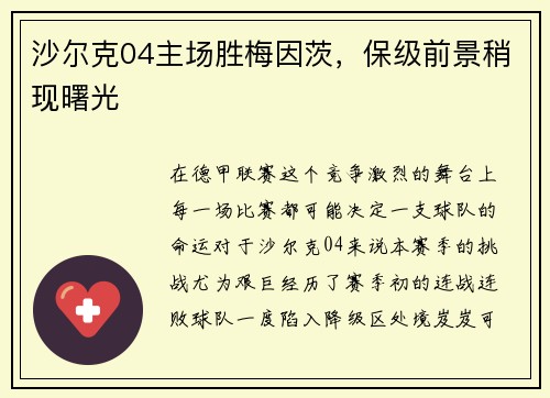沙尔克04主场胜梅因茨，保级前景稍现曙光
